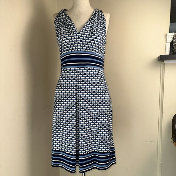 MAX STUDIO Dress Blue Geometric Floral Poly Spandex Sz Small EUC - Picture 1 of 9